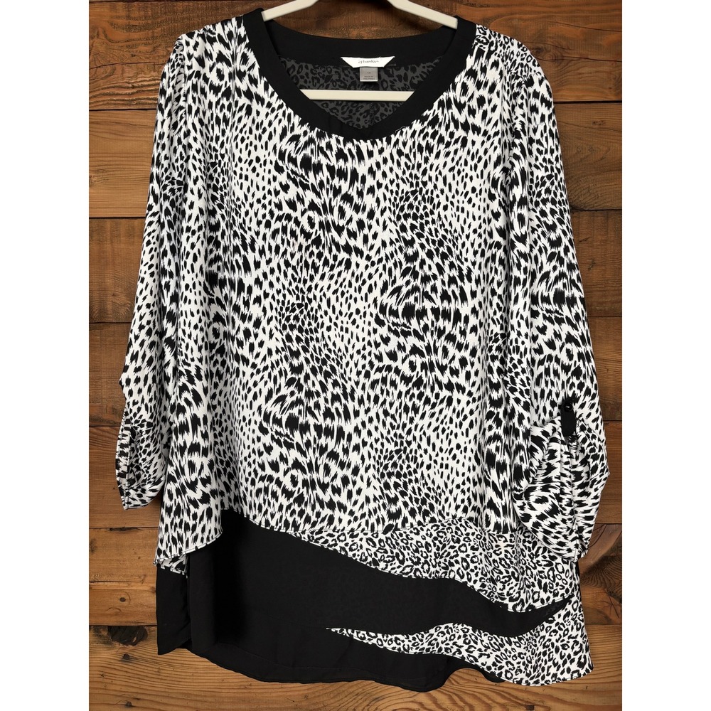 CJ Banks Blouse Womens 1X Plus Leopard Layered Asymmetrical Hem Roll Tab Sleeve
